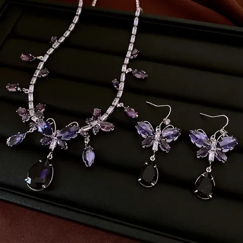 Butterfly Jewelry For Women With Zircon Pendant Necklace And Earrings With 925 Sterling Silver Earring Post Copper
