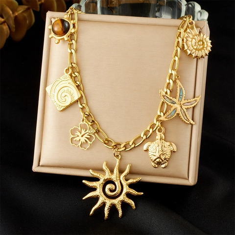 Multi Hanger Ketting Verguld Roestvrij Staal Tijgeroog Steen Zeeschildpad Zeester Zon Chic Bohemien Sieraden Vrouwen