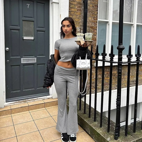 Damen Casual Einfarbig Zweiteiler Kurzarm Crop Top Und Hohe Taille Schlaghose Sommer Loungewear