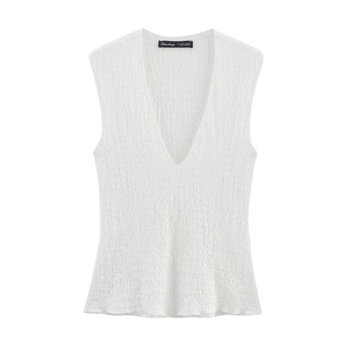 Women Sleeveless V Neck Top And Pleated Maxi Skirt Textured Cotton Blend Casual Streetwear Outfits White
