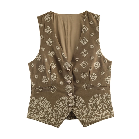 Gilet Brodé Ethnique Pour Femmes Col En V Sans Manches Boutonné Gilet Court Vintage Boho Motif Paisley Kaki