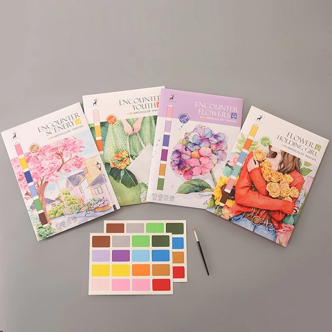 Tragbare Aquarell Malerei Karten Mit Festem Pigment Und Pinsel DIY Zeichenset Blumen Mädchen Landschaft Themen Für Hobby