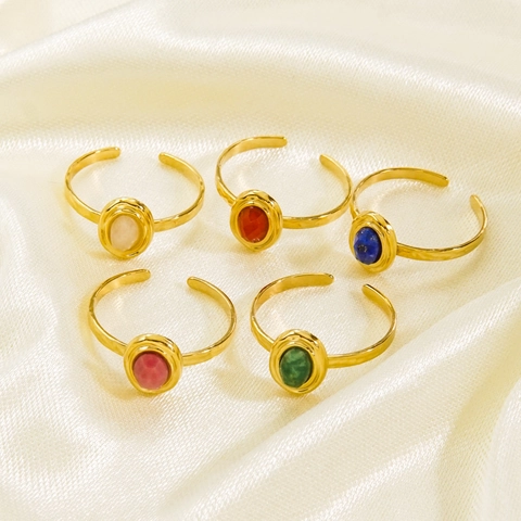 Bague Ouverte Réglable en Acier Inoxydable de Luxe Français pour Femme Bijoux de Style Vintage Bohème avec Pierre Naturelle Ovale