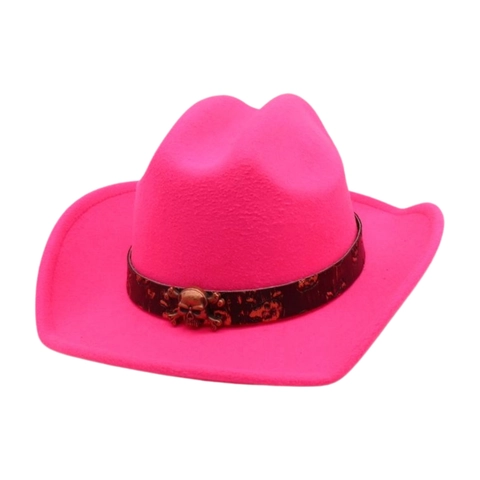 Vintage Western Cowboy Hat Polyester Felt Wide Brim With Leather Band Metal Skull Decor Punk Retro Style For Men Women