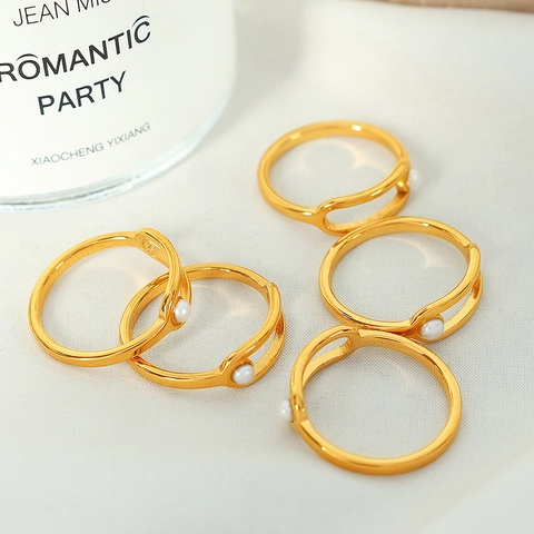 French Minimalist Geometric Circular Ring Stainless Steel Artificial Pearl Ring Gold Silver Plated Finger Ring Women Jewelry