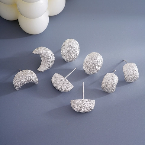 Copper Stud Earrings For Women Silver Color Geometric Frosted Granular Texture Minimalist Vintage Moon Water Drop Shape
