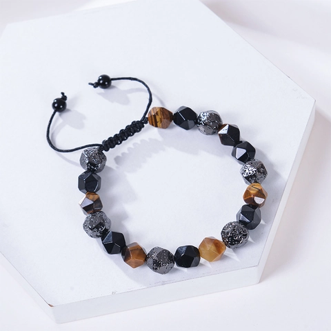 Triple Protection Bracelet Tiger Eye Obsidian Hematite Faceted Beaded Adjustable Braided Cord Unisex Healing Energy