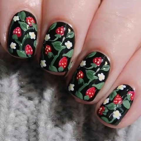 Uñas Postizas Cortas Cuadradas Brillantes Patrón Fresa Flores Dulce Decorativas Uñas Artificiales Para Mujeres