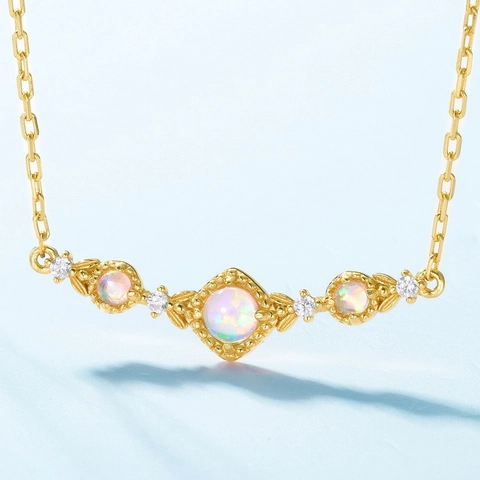 925 Sterling Silver Synthetic Opal Pendant Necklace 10K Gold Plated Vintage Round Rhinestone Cable Chain For Women Daily Jewelry
