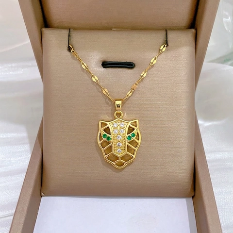 Luipaardkop Hanger Ketting Verguld Roestvrijstalen Ketting Hol Ontwerp Groene Zirkonia Ogen Strass Sieraden Vrouwen