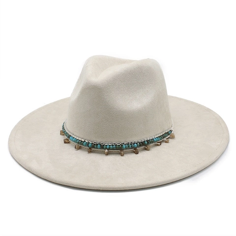 Wide Brim Fedora Hat For Men Women Suede Polyester Felt Jazz Cap With Bohemian Beaded Band Turquoise Metal Pendants Retro