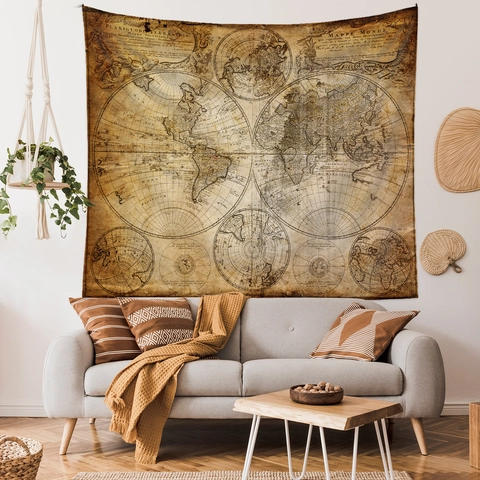 Tapiz De Mapa Del Mundo Vintage Fibra De Poliéster Retro Náutico Colgante De Pared Para Dormitorio Sala De Estar Decoración Hogar Arte