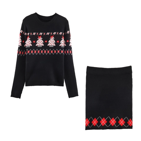 Donna Maglia Jacquard Albero Di Natale Maglione Girocollo Manica Lunga E Minigonna Aderente Outfit Invernale Festivo