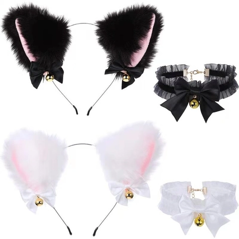 Kattenoren Hoofdband Choker Pluche Kunstbont Kant PU Leer Metalen Bel Lint Halloween Cosplay Feest Maskerade Accessoire Dames Meisjes