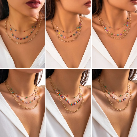 Collana Multistrato Per Donna Oro Lega Ferro Smalto Colorato Cuore Farfalla Stella Occhio Di Allah Boho Moda