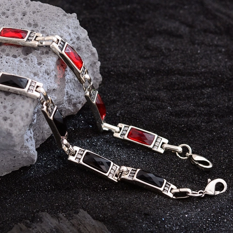 Bracciale Vintage Con Gemme Rosse e Nere Rettangolari Per Donna Tono Argento Rame Strass Catena Geometrica Gioielli
