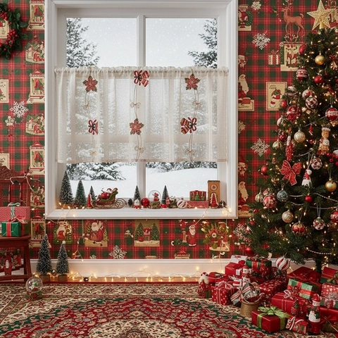 Christmas Embroidery Lace Cafe Curtain Polyester Semi-Shading American Vintage Christmas Bells Santa Pattern Window Decoration