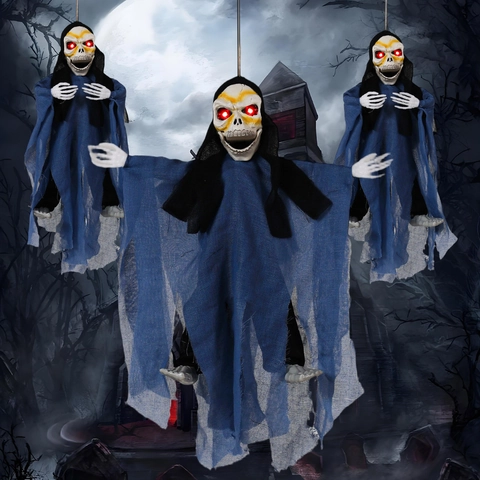 Fantasma Colgante Animado Halloween Ojos Brillantes Activado por Sonido Piernas Móviles Calavere de Segador Aterrador Accesorio Casa Encantada
