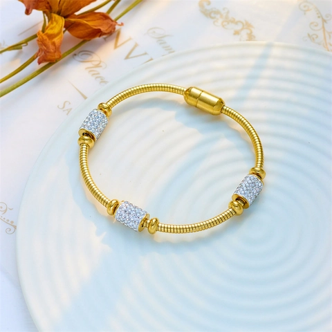 Gold Stainless Steel Snake Bone Chain Bracelet With Pave Rhinestone Cylinders And Magnetic Clasp Fashion Jewelry For Women