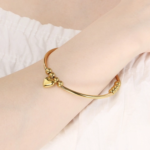 Stainless Steel Bangle Bracelet With Heart Pendant And Round Beads Minimalist Ins Style Jewelry For Women