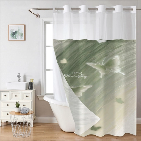 Tenda Da Doccia Impermeabile In Poliestere Anelli Senza Gancio Fodera Rimovibile Top In Rete Stampa Farfalla Rosa Arredo Bagno