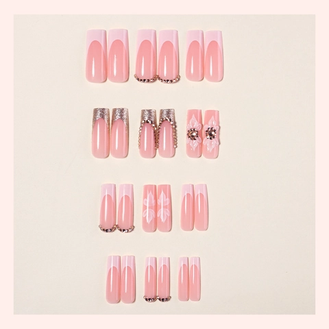 Press On Nails Long Square Coffin Shape French Pink White Marble Pattern With 3D Flowers And Rhinestones Artificial Fake Nails