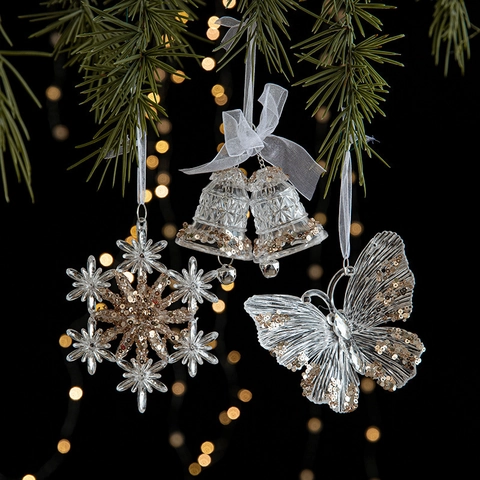 Christmas Tree Hanging Ornaments Acrylic Transparent Gold Glitter Snowflake Deer Star Bell Holiday Party Home Decor