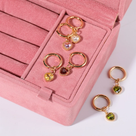 Heart Birthstone Hoop Earrings Copper With Zircon Zirconia Pendant Jewelry For Women Fashion Trendy Birthday Gift