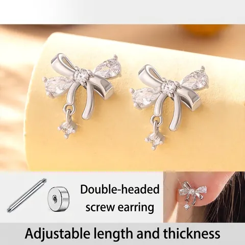 Eleganti Orecchini A Fiocco Zirconi Lucidi Acciaio Inossidabile Chiusura A Vite Gioielli Per Donne Stile Dolce