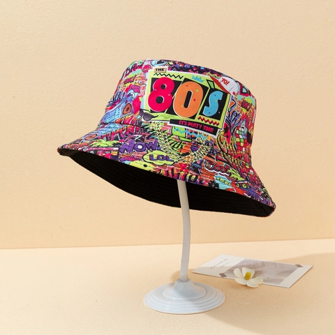 Retro Jaren 80 90 Graffiti Print Vissershoed Omkeerbaar Polyester Brede Rand Streetwear Zonnehoed Voor Heren En Dames