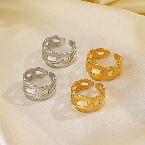 Stainless Steel Cuban Chain Ring 18K Gold Plated Adjustable Open Hammered Texture Retro Ins Style Jewelry For Women