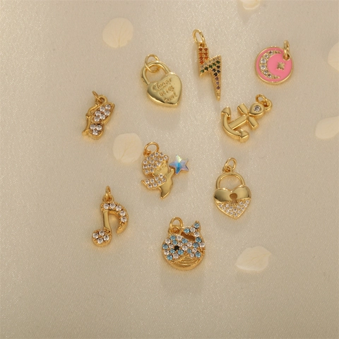 Gold Plated Copper Charms Pendants Zircon Enamel DIY Jewelry Making Necklace Accessory Star Moon Heart Shape