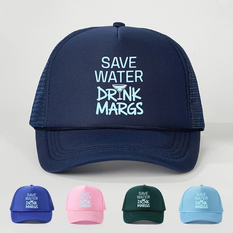 Trucker Hat Mesh Baseball Cap Polyester Atmungsaktiv Verstellbar Gebogener Schirm Save Water Drink Margs Print Outdoor Sonnenhut