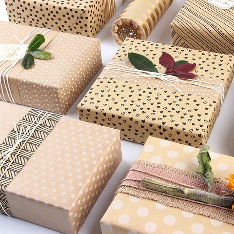 Retro Kraft Gift Wrapping Paper Roll Geometric Dots Hearts Stars Patterns For Christmas Birthday Wedding DIY Crafting