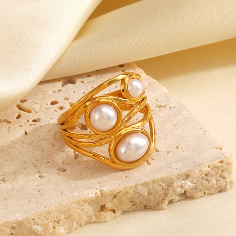 Adjustable Stainless Steel Ring 18K Gold Plated Irregular Hammered Texture With Artificial Pearls Elegant Jewelry For Women
