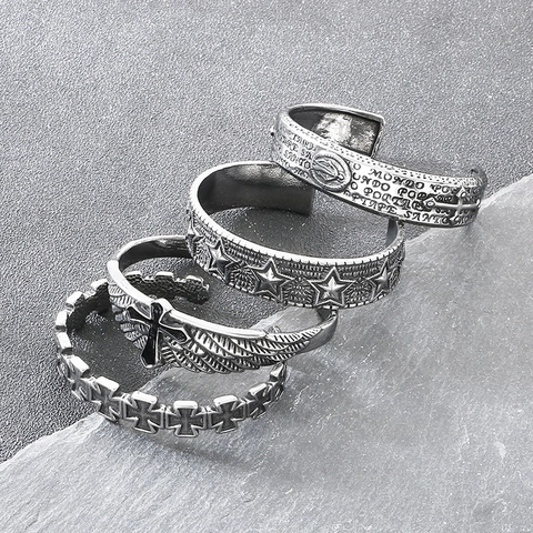Vintage Stainless Steel Open Cuff Bracelet For Men Retro Distressed Punk Cross Wing Star Religious Bangle Jewelry