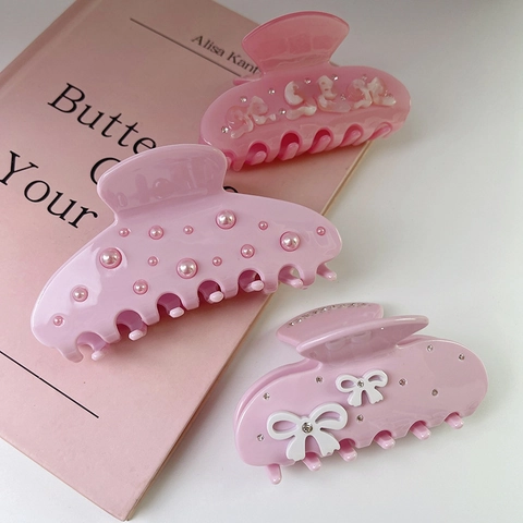 Pinzas Para El Cabello De Acetato Rosa Con Lazos Perlas Artificiales Y Diamantes De Imitación Accesorios Para El Cabello Dulces Para Mujeres