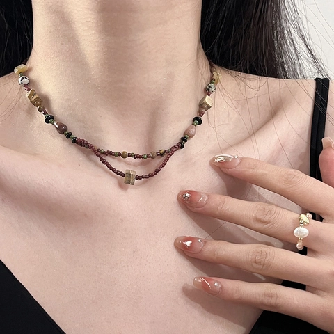 Beaded Jewelry Necklace And Bracelet Glass Seed Beads Natural Stone Wood Square Geometric Retro Style For Women