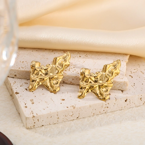 Asymmetric Leaf Earrings Stainless Steel Gold Plated Vintage Wrinkled Texture Butterfly Shape Jewelry For Women