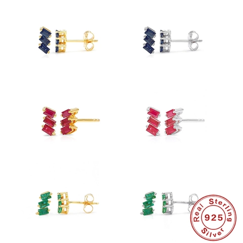 925 Sterling Silver Geometric Zirconia Stud Earrings For Women Baguette Cut Three Stone Inlaid Gold Plated Vintage Jewelry