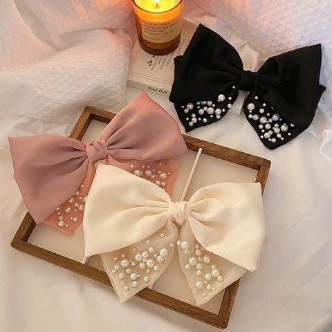 Large Satin Bow Hair Clip Elegant Faux Artificial Pearl Mesh Splicing Korean Style Sweet Hair Ornament For Women Aesthetic Hairpin