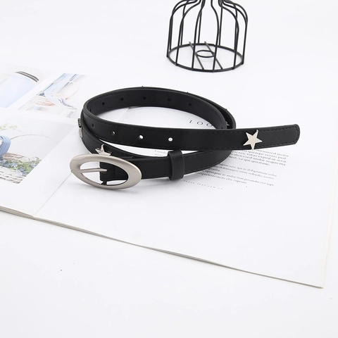 Cintura Sottile Donna In Similpelle Con Borchie A Stella Fibbia Ad Ardiglione Ovale Stile Punk Harajuku Per Jeans Nero
