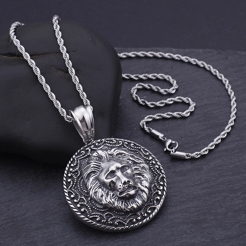 Collier Pendentif Rond Tête De Lion Rétro Acier Inoxydable Relief Punk Hip Hop Bijoux Pour Hommes Cadeau Cool