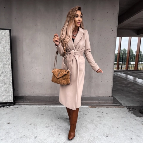 Women Long Woolen Coat Belted Lapel Long Sleeve Solid Color Warm Autumn Winter Outerwear Elegant Fashion