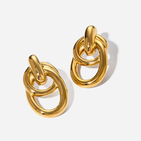 Pendientes de Doble Anillo Ovalado Entrelazados de Acero Inoxidable Chapado en Oro de 18K Vintage Joyería Minimalista