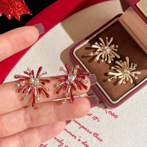 Firework Stud Earrings Enamel Starburst Heart Cubic Zirconia Gold Plated Brass With Silver Earring Post For Women