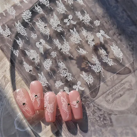 5D Embossed Nagelkunst Stickers Witte Roos Vlinder Strik Ontwerpen Met Strass Kunstparel Accenten Elegante DIY Franse Manicure