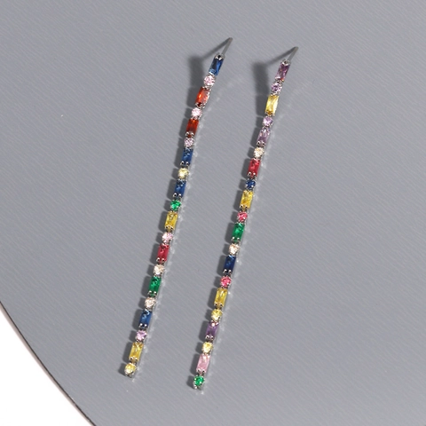 Rainbow Multi-color Crystal Long Linear Drop Earrings With Copper Earring Post Vintage Style For Women