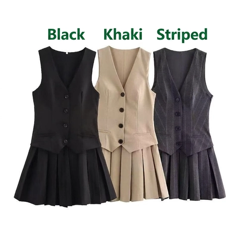 Tenue Femme Gilet En Polyester À Col En V Et Boutonnage Simple Avec Mini Jupe Plissée À Taille Haute Style Preppy