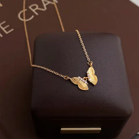 Collier Pendentif Papillon Cuivre Plaqué Or 18K Zircon Style Luxe Français Bijoux Pour Femmes Élégant